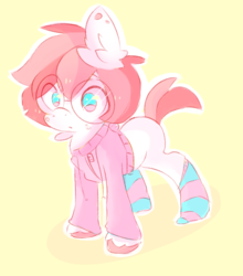 Size: 599x680 | Tagged: dead source, safe, artist:mochibun, oc, oc only, pony, clothes, cute, foal, hoodie, simple background, small, socks, solo, striped socks, sweater, young