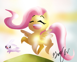 Size: 4328x3517 | Tagged: dead source, safe, artist:shellielle, angel bunny, fluttershy, pegasus, pony, g4, eyes closed, happy, open mouth, pointy ponies