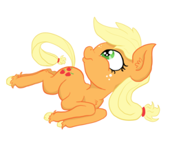 Size: 1582x1327 | Tagged: safe, artist:paskanaakka, derpibooru exclusive, applejack, earth pony, pony, g4, chest fluff, colored hooves, ear fluff, female, freckles, looking up, lying down, mare, on side, simple background, solo, transparent background, unshorn fetlocks
