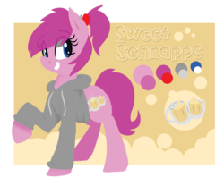 Size: 2508x2085 | Tagged: safe, artist:themodpony, oc, oc only, oc:schweet schnapps, earth pony, pony, alcohol, clothes, cutie mark, female, hooves, lineless, mare, ponytail, reference sheet, solo, teeth, text