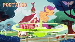 Size: 640x360 | Tagged: safe, scootaloo, g4, explosion, explosive fart, fart, fart propulsion, female, mushroom cloud, ponyville schoolhouse, pootaloo, solo