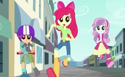 Size: 781x480 | Tagged: safe, screencap, apple bloom, scootaloo, sweetie belle, equestria girls, g4, music to my ears, my little pony equestria girls: rainbow rocks, boots, clothes, cutie mark crusaders, helmet, running, scooter, shoes, skirt