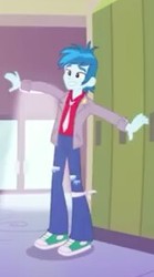 Size: 161x289 | Tagged: safe, screencap, thunderbass, equestria girls, g4, music to my ears, my little pony equestria girls: rainbow rocks, arms spread out, background human, clothes, cropped, jacket, male, necktie, pants, shoes, short, smiling, sneakers, solo