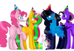 Size: 1024x703 | Tagged: safe, artist:saramicro, pinkie pie, oc, oc:micro song, oc:sandy, earth pony, pegasus, pony, unicorn, g4, colored pupils, female, hat, magic, mare, party hat, party horn, present, raised hoof, simple background, white background
