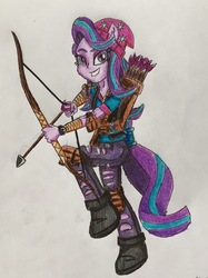 Size: 1760x2355 | Tagged: safe, artist:bozzerkazooers, starlight glimmer, equestria girls, g4, arrow, bow (weapon), bow and arrow, female, ninja, ponied up, solo, traditional art, weapon