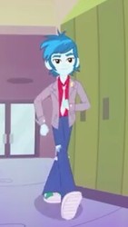 Size: 181x320 | Tagged: safe, screencap, thunderbass, equestria girls, g4, music to my ears, my little pony equestria girls: rainbow rocks, background human, clothes, jacket, male, pants, shoes, short, sneakers, solo, walking