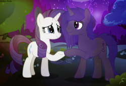 Size: 4331x2958 | Tagged: safe, artist:asika-aida, rarity, oc, oc:nico stygian, pony, unicorn, g4, canon x oc, female, flower, high res, looking at each other, male, night, raised hoof, requested art, scenery, shipping, smiling, stallion, stars, straight, tree
