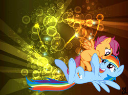 Size: 1023x767 | Tagged: safe, artist:kysss90, artist:scooterlights, rainbow dash, scootaloo, pony, g4, bubble, cute, cutealoo, scootalove, vector, wallpaper