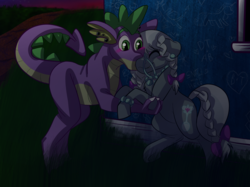 Size: 2732x2048 | Tagged: safe, artist:percy-mcmurphy, silver spoon, spike, dragon, pony, g4, blushing, bracelet, building, crack shipping, ear piercing, earring, eyes closed, female, graffiti, grass, high res, jewelry, kissing, male, older, older silver spoon, older spike, path, piercing, ship:silverspike, shipping, straight, sunset