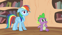 Size: 1920x1090 | Tagged: safe, screencap, rainbow dash, spike, dragon, pony, g4, it's about time, golden oaks library, reaction image