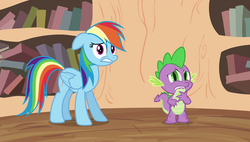 Size: 1920x1090 | Tagged: safe, screencap, rainbow dash, spike, dragon, pony, g4, it's about time, golden oaks library, reaction image
