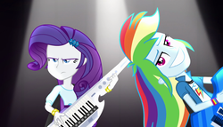Size: 1904x1090 | Tagged: safe, screencap, rainbow dash, rarity, equestria girls, g4, my little pony equestria girls: rainbow rocks, awesome as i want to be, bracelet, duo, duo female, electric guitar, faic, female, guitar, jewelry, keytar, musical instrument, rainbow dash is best facemaker, rarity is not amused, smug, smugdash, unamused