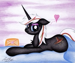 Size: 2392x2022 | Tagged: safe, artist:thechrispony, oc, oc only, oc:velvet remedy, pony, unicorn, fallout equestria, bedroom eyes, chest fluff, female, floppy ears, heart, high res, looking at you, mare, medkit, prone, solo, traditional art