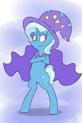 Size: 2000x3000 | Tagged: safe, artist:goldenled, trixie, pony, unicorn, g4, bipedal, cape, clothes, crossed hooves, female, hat, high res, lidded eyes, looking back, smiling, solo, trixie's cape, trixie's hat