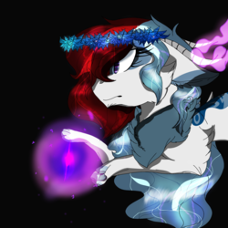 Size: 2560x2560 | Tagged: safe, artist:brokensilence, oc, oc only, oc:mira songheart, draconequus, pony, chest fluff, clothes, cute, draconequified, floral head wreath, flower, glowing horn, high res, horn, horns, magic, magic sphere, species swap