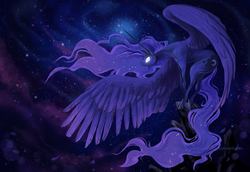 Size: 1100x756 | Tagged: safe, artist:dragonspirit469, princess luna, alicorn, pony, g4, female, glowing eyes, mare, solo, space, spread wings