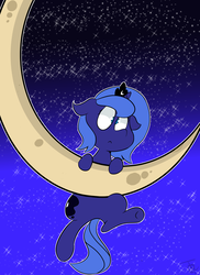 Size: 2480x3400 | Tagged: safe, artist:goldenled, princess luna, alicorn, pony, g4, :<, crescent moon, cute, female, filly, floppy ears, frown, hang in there, hanging, high res, lunabetes, moon, night, night sky, sky, solo, stars, tangible heavenly object, transparent moon, underhoof, wide eyes, woona, younger