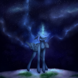 Size: 1000x1000 | Tagged: dead source, safe, artist:wwalexcornerww, princess luna, pony, g4, eyes closed, female, floating, floppy ears, glowing horn, horn, magic, night, s1 luna, solo, starry night, stars