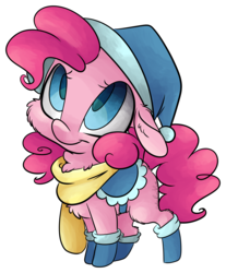 Size: 3815x4612 | Tagged: safe, artist:cutepencilcase, pinkie pie, g4, absurd resolution, boots, chibi, clothes, colored pupils, cute, diapinkes, female, floppy ears, hat, looking up, scarf, simple background, smiling, solo, transparent background, winter outfit