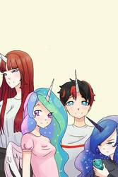 Size: 640x960 | Tagged: safe, artist:161141, princess celestia, princess luna, oc, oc:fausticorn, unnamed oc, alicorn, human, g4, cellphone, clothes, commission, group, horn, horned humanization, humanized, looking at you, phone, royal sisters, simple background, smiling, white background, winged humanization, wings