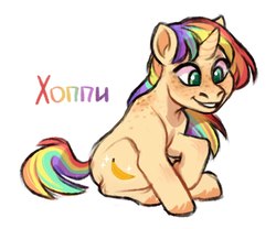 Size: 1280x1066 | Tagged: safe, artist:kapusha-blr, oc, oc only, oc:hoppy, pony, unicorn, female, freckles, russian, simple background, sitting, smiling, solo, translated in the comments, white background