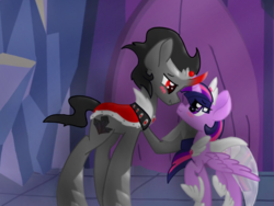 Size: 640x480 | Tagged: safe, artist:strawberry-heartrose, king sombra, twilight sparkle, alicorn, pony, unicorn, g4, boots, clothes, collar, colored horn, crown, crystal castle, crystal empire, crystal palace, curved horn, cutie mark, dress, duo, female, horn, jewelry, male, peytral, reformed sombra?, regalia, ship:twibra, shipping, shoes, sombra horn, sombra's cutie mark, sombra's robe, straight, tiara, twilight sparkle (alicorn), villains touching twilight