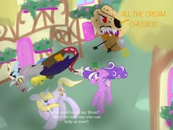 Size: 1024x768 | Tagged: safe, artist:strawberry-heartrose, dinky hooves, discord, screwball, earth pony, pony, unicorn, g4, food, food monster, giant muffin, monster, muffin, older, role reversal