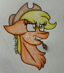 Size: 1852x2137 | Tagged: safe, artist:raritylover152, applejack, earth pony, pony, g4, chest fluff, cowboy hat, female, hat, open mouth, signature, simple background, solo, sternocleidomastoid, stetson, straw in mouth, traditional art