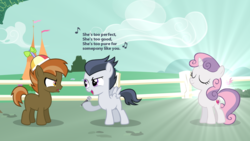 Size: 1300x731 | Tagged: safe, artist:lunaticdawn, button mash, rumble, sweetie belle, earth pony, pegasus, pony, unicorn, g4, colt, female, filly, foal, male, microphone, music notes, ship:rumbelle, shipping, shipping denied, singing, song, straight, text, wireless mic