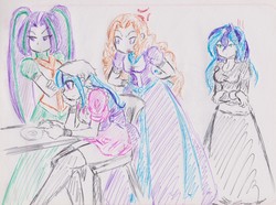 Size: 2787x2068 | Tagged: safe, artist:elgatosabio, adagio dazzle, aria blaze, princess luna, sonata dusk, vice principal luna, equestria girls, g4, adagio dazzle is not amused, aria blaze is not amused, cinderella, clothes, cross-popping veins, dress, female, frown, high res, luna is not amused, school play, simple background, sitting, socks, the dazzlings, thigh highs, traditional art, unamused