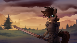 Size: 4000x2250 | Tagged: safe, artist:marsminer, oc, oc only, oc:keith, anthro, armor, high res, scenery, solo, sword, weapon