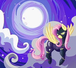 Size: 1280x1153 | Tagged: safe, artist:varaann, edit, editor:moonatik, fluttershy, pegasus, pony, g4, clothes, cloud, cloudy, costume, female, moon, night, nightmare night, shadowbolts, shadowbolts costume, solo