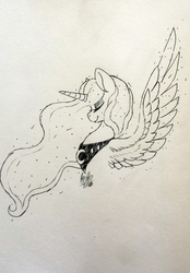 Size: 1074x1541 | Tagged: safe, artist:red_moonwolf, princess luna, pony, g4, eyes closed, eyeshadow, female, makeup, solo, spread wings, traditional art