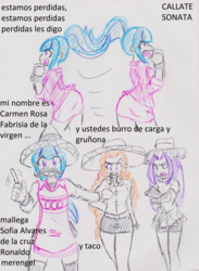 Size: 2160x2949 | Tagged: safe, artist:elgatosabio, adagio dazzle, aria blaze, sonata dusk, equestria girls, g4, fake moustache, fanfic, fanfic art, female, high res, simple background, sombrero, spanish, the dazzlings, traditional art, translated in the comments, trio