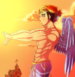 Size: 1024x1047 | Tagged: safe, artist:marima15, rainbow dash, human, g4, 2017, abs, alternate hairstyle, clothes, cloud, humanized, male, muscles, partial nudity, rainbow blitz, redraw, rule 63, solo, sunrise, sweet apple acres, topless, winged humanization, wings