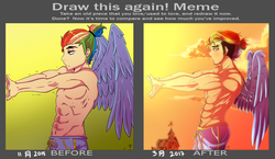 Size: 1024x592 | Tagged: safe, artist:marima15, rainbow dash, human, g4, 2017, abs, alternate hairstyle, clothes, cloud, draw this again, humanized, male, muscles, partial nudity, rainbow blitz, redraw, rule 63, solo, sunrise, sweet apple acres, topless, winged humanization, wings