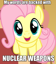 Size: 1136x1303 | Tagged: safe, artist:badumsquish-edits, edit, fluttershy, pegasus, pony, g4, badumsquish is trying to murder us, badumsquish's kitties, civilization, cute, dissonant caption, female, gandhi, grin, happy, image macro, looking at you, looking up, looking up at you, mare, meme, nuclear gandhi, shyabetes, sitting, smiling, solo, weapons-grade cute