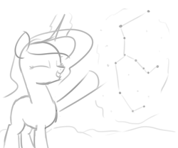Size: 1280x1068 | Tagged: safe, artist:mr.mass, princess luna, pony, g4, constellation, eyes closed, female, missing accessory, missing cutie mark, monochrome, pointing, sketch, smiling, solo, stars, younger