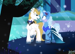 Size: 4864x3488 | Tagged: safe, artist:glitterstar2000, prince blueblood, trixie, pony, unicorn, g4, absurd resolution, alternate hairstyle, blushing, bowtie, clothes, dress, female, flower, flower in hair, glowing horn, horn, looking at each other, male, mare, rose, ship:bluetrix, shipping, smiling, stallion, straight