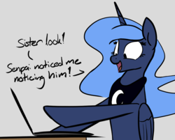 Size: 1200x965 | Tagged: safe, artist:mr.mass, princess luna, alicorn, pony, g4, computer, dialogue, female, jewelry, laptop computer, necklace, open mouth, pointing, s1 luna, senpai, senpai noticed me, solo