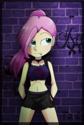 Size: 1024x1515 | Tagged: safe, artist:fj-c, fluttershy, equestria girls, g4, belly button, clothes, collar, ear piercing, earring, female, goth, jewelry, midriff, piercing, short shirt, shorts, solo, vest