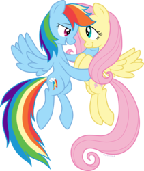 Size: 1250x1483 | Tagged: safe, artist:storfulsten, fluttershy, rainbow dash, pony, g4, female, flying, grin, lesbian, looking at each other, ship:flutterdash, shipping, simple background, smiling, transparent background