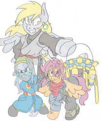 Size: 3781x4573 | Tagged: safe, artist:blackbewhite2k7, derpy hooves, scootaloo, silver spoon, pony, g4, absurd resolution, anime, bipedal, clothes, crossover, dragon ball, dragon ball super, future mai, future trunks, goku black, mai, sketch, time machine, trunks (dragon ball), trunks' sword, wip