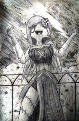 Size: 724x1104 | Tagged: safe, artist:diazdavid166, fluttershy, anthro, g4, the best night ever, big breasts, breasts, busty fluttershy, clothes, dress, evil laugh, female, flutterrage, gala dress, grayscale, laughing, lightning, monochrome, scene interpretation, solo, traditional art