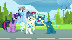 Size: 1920x1080 | Tagged: safe, screencap, rainbow dash, sky stinger, twilight sparkle, vapor trail, alicorn, pegasus, pony, g4, top bolt, 1080p, clothes, female, flying, goggles, hoop, male, mare, pointing, runway, stallion, twilight sparkle (alicorn), uniform, wonderbolt trainee uniform, worried