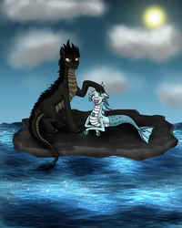 Size: 2400x3000 | Tagged: safe, artist:johng117, sonata dusk, kaiju, siren, fanfic:the other side of the story, g4, blushing, cloud, cloven hooves, crossover, fanfic, fanfic art, giggling, godzilla, godzilla (series), high res, ocean, open mouth, petting, rock, sitting, smiling, story included