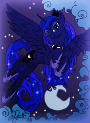 Size: 521x716 | Tagged: safe, artist:andypriceart, artist:flawlessvictory20, color edit, edit, princess luna, alicorn, pony, g4, cloud, colored, female, flying, looking at you, moon, solo, stars