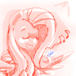 Size: 2000x2000 | Tagged: safe, artist:chikiz65, fluttershy, pony, g4, eyes closed, female, high res, lightning, mane, music notes, practice, shade, signature, solo, tail, wip