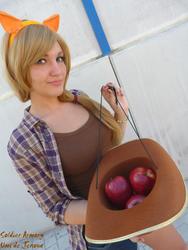 Size: 720x960 | Tagged: safe, artist:umijenova, applejack, human, g4, apple, clothes, cosplay, costume, food, irl, irl human, photo, solo