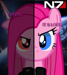 Size: 845x946 | Tagged: safe, edit, pinkie pie, earth pony, pony, two sided posters, g4, female, mass effect, mass effect 3, paragon, pinkamena diane pie, renegade, solo, two sides